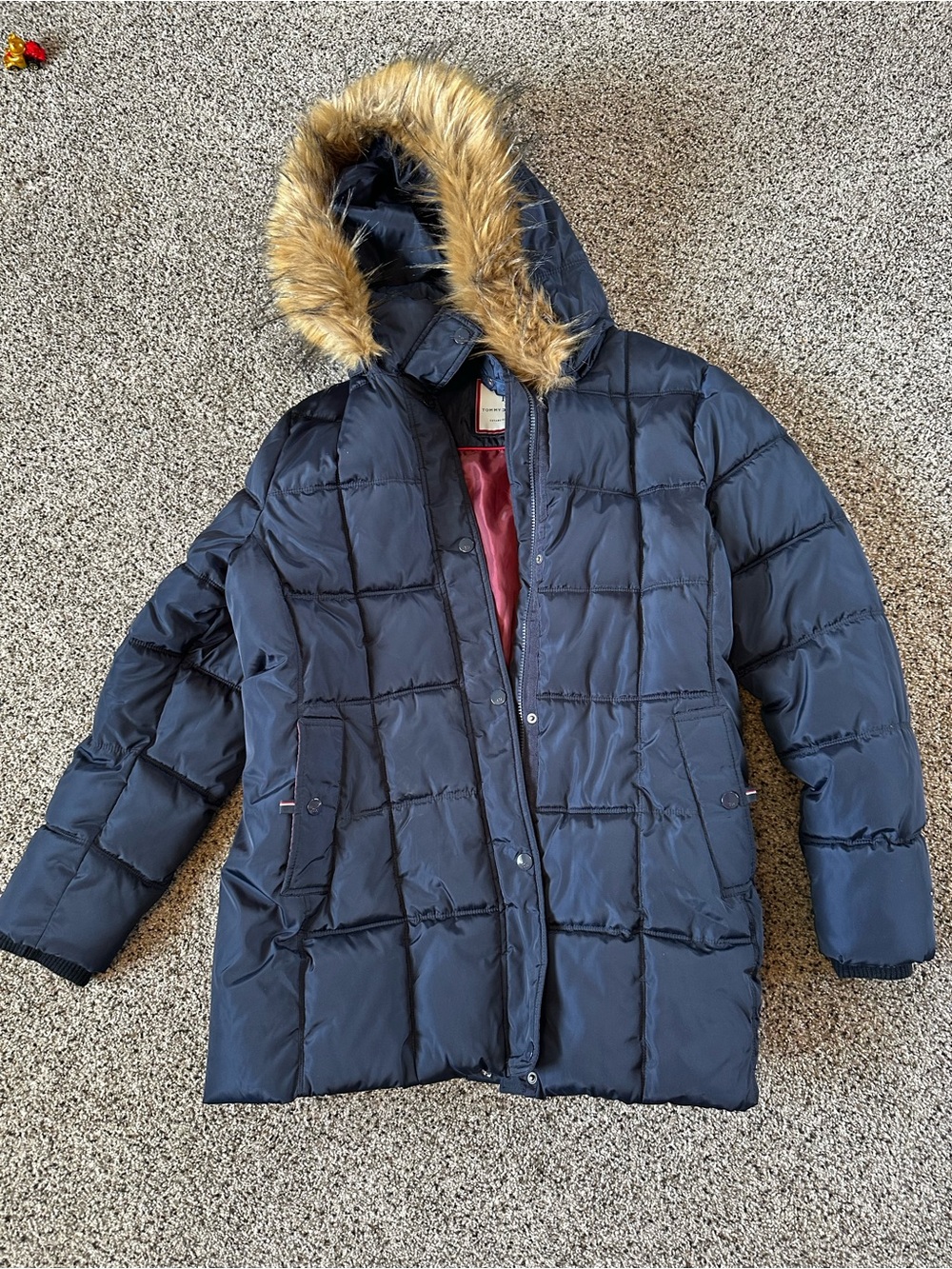 Tommy Hilfiger Navy long Puffer Coat with removable Faux Fur Trim hood